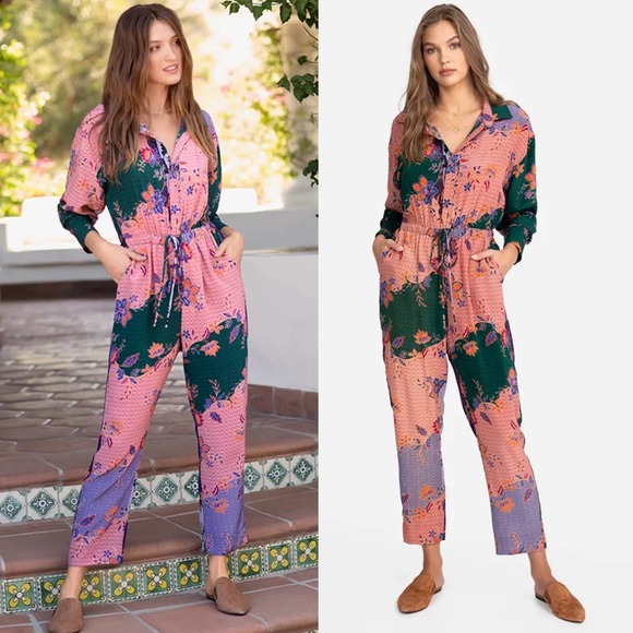 Johnny Was Jumpsuit Small Silk 1001 Nights Floral Boho Long Sleeve Straight Leg - Picture 1 of 11